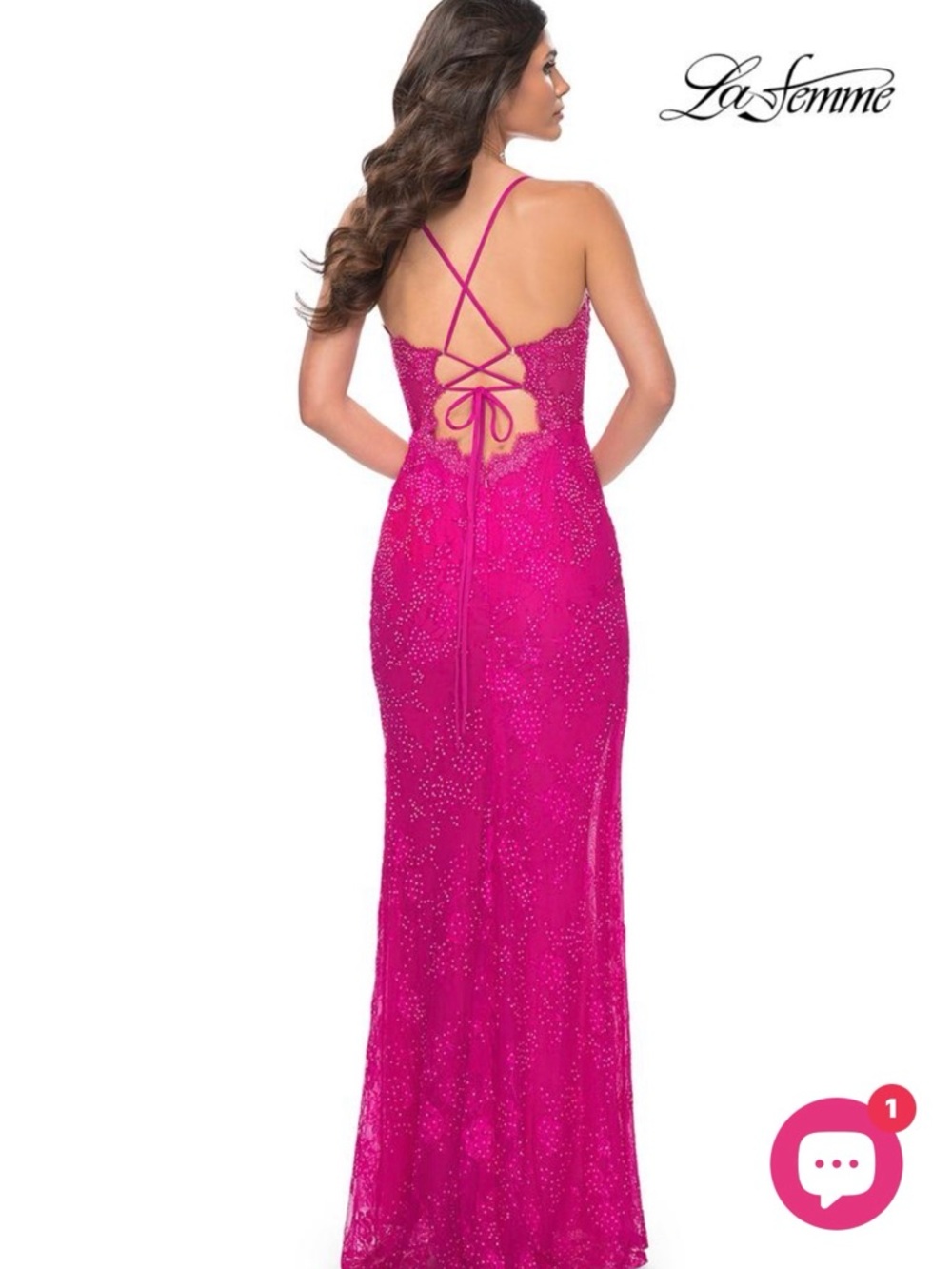 La Femme Fuchsia Beaded Lace Spaghetti Strap Evening Dress prom sequin - Picture 2 of 5